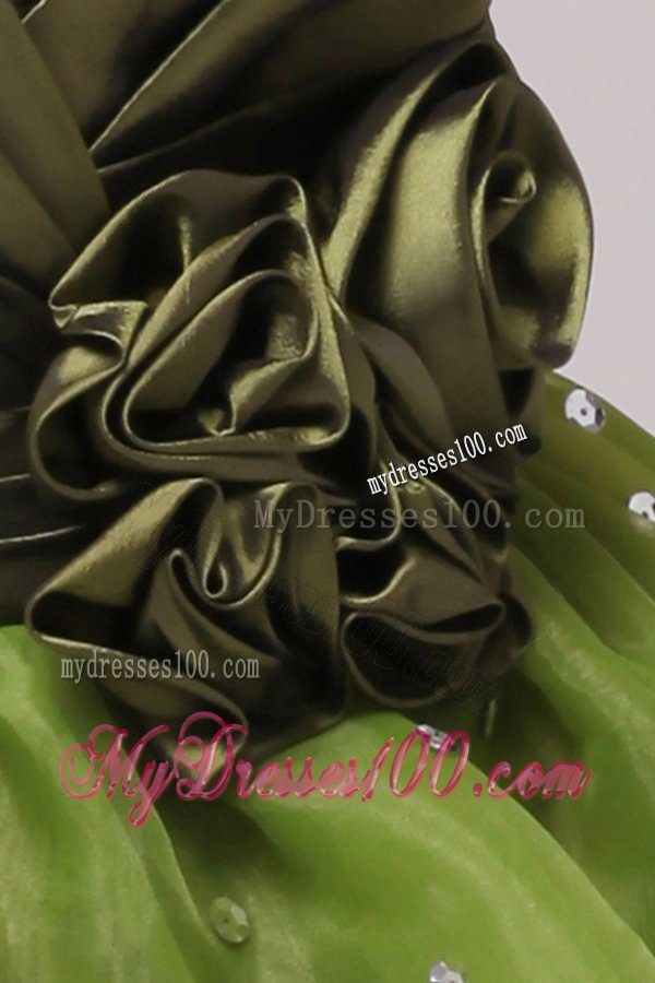 Olive Green V-neck Ruching and Hand Made Flower Evening Dress