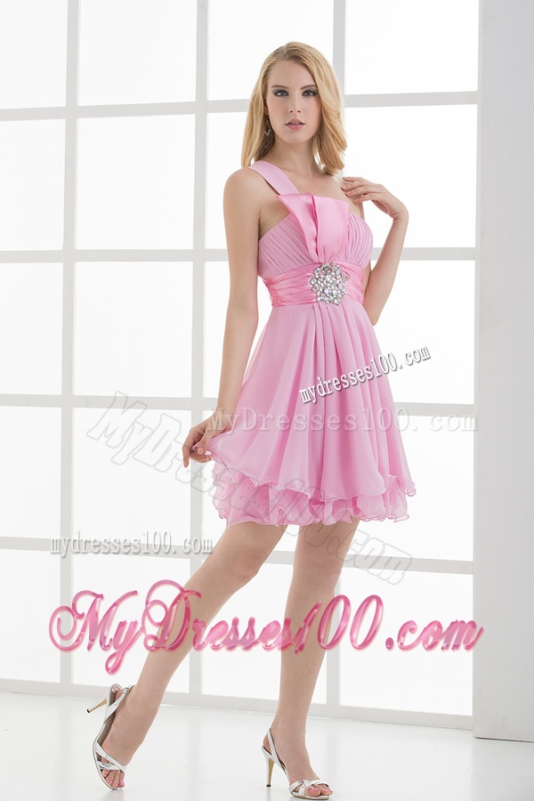 One Shoulder A-line Beading and Ruching Chiffon Evening Dress