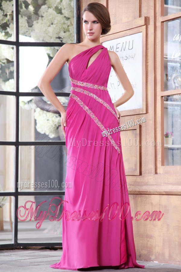 One Shoulder Chiffon Beading Sweep Train Evening Dress in Hot Pink