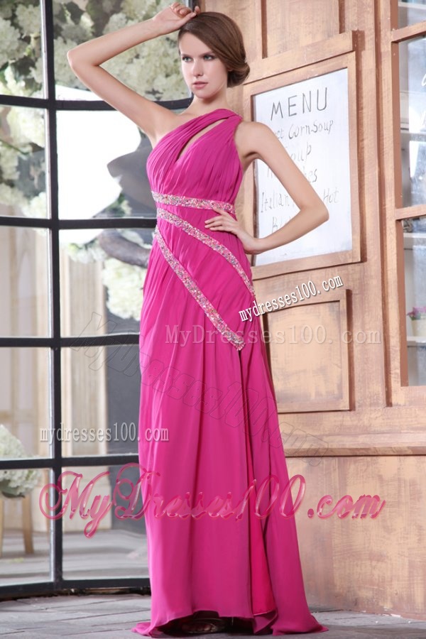 One Shoulder Chiffon Beading Sweep Train Evening Dress in Hot Pink