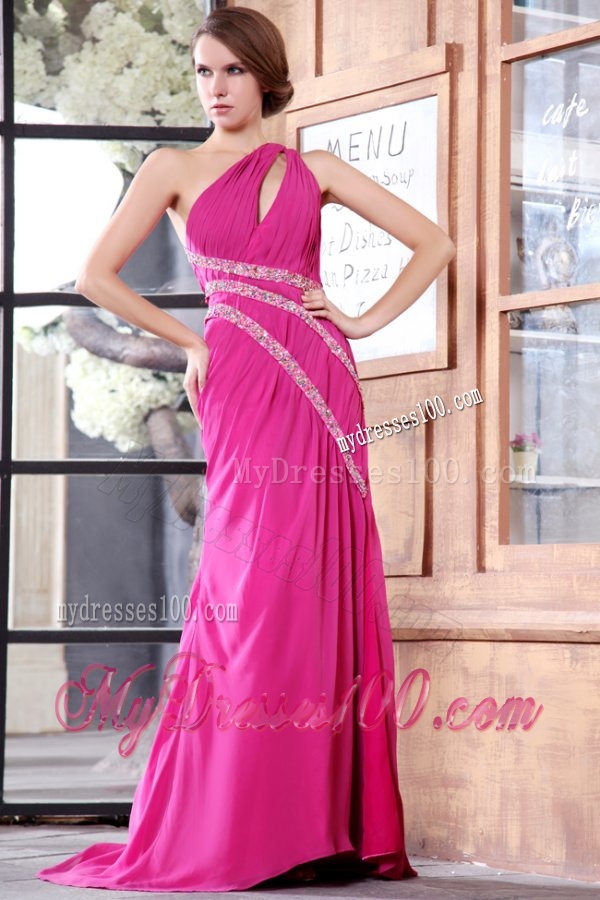 One Shoulder Chiffon Beading Sweep Train Evening Dress in Hot Pink