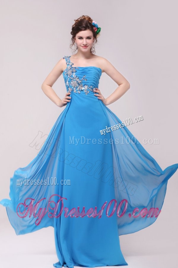 One Shoulder Empire Full Length Teal Evening Dress with Appliques