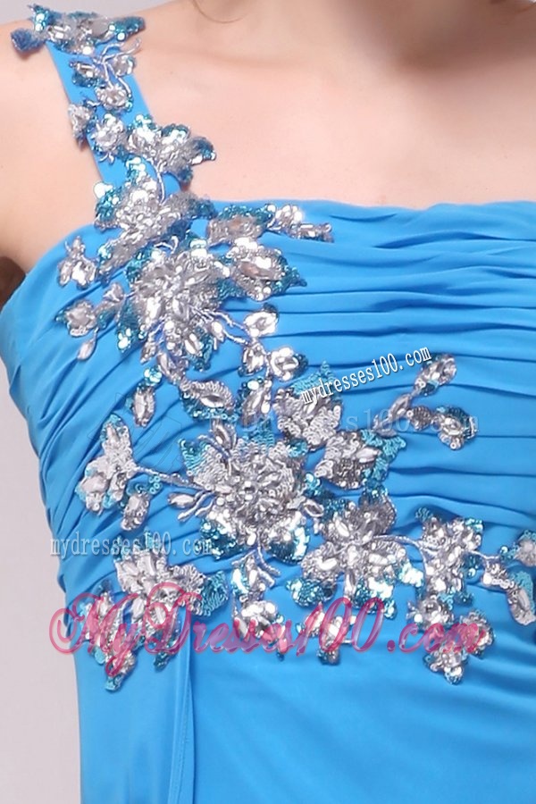 One Shoulder Empire Full Length Teal Evening Dress with Appliques