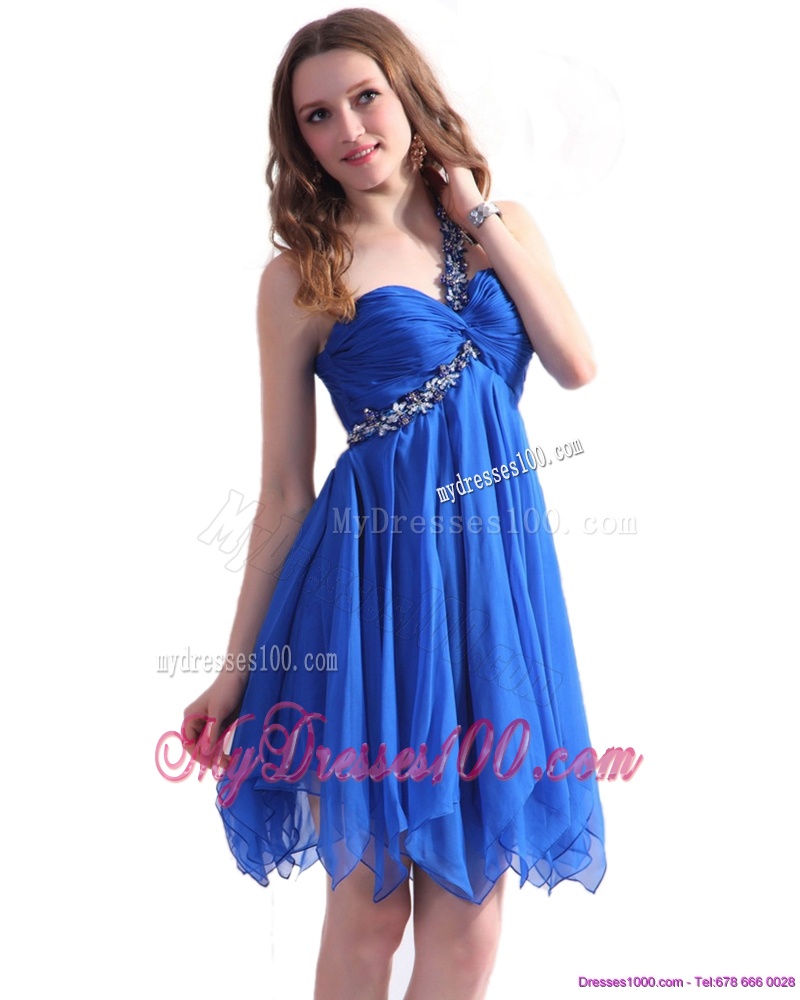Perfect Blue One Shoulder Evening Dresses with Ruffles