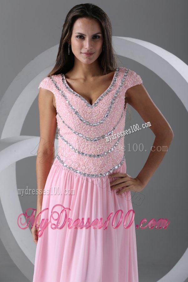 Pink Empire V-neck Cap Sleeves Evening Dress with Beading