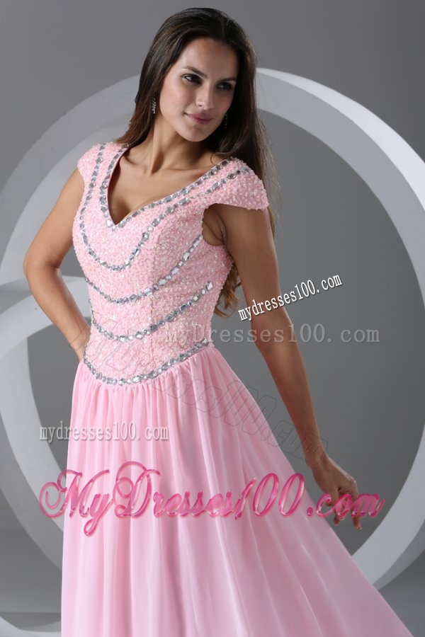 Pink Empire V-neck Cap Sleeves Evening Dress with Beading