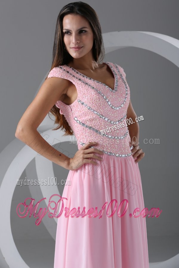 Pink Empire V-neck Cap Sleeves Evening Dress with Beading