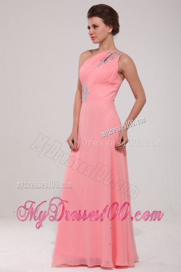 Pink Red One Shoulder Evening Dress with Beading