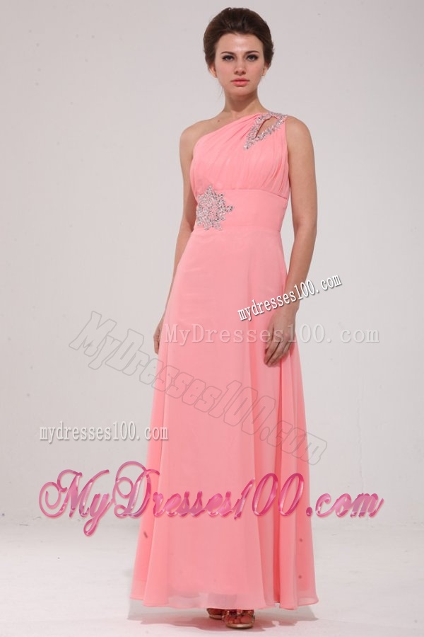 Pink Red One Shoulder Evening Dress with Beading