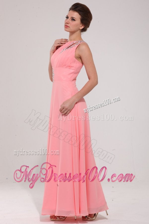 Pink Red One Shoulder Evening Dress with Beading
