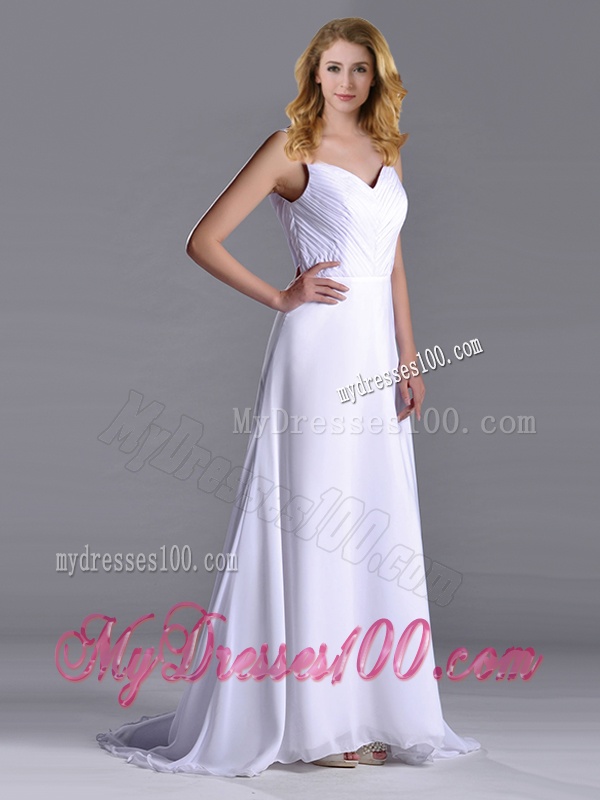 Popular Straps White Chiffon Evening Dress with Brush Train