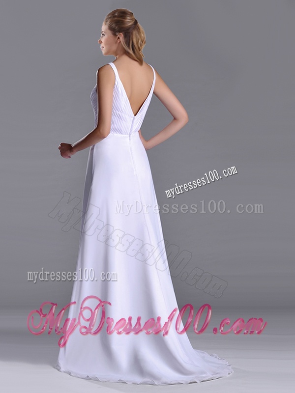 Popular Straps White Chiffon Evening Dress with Brush Train