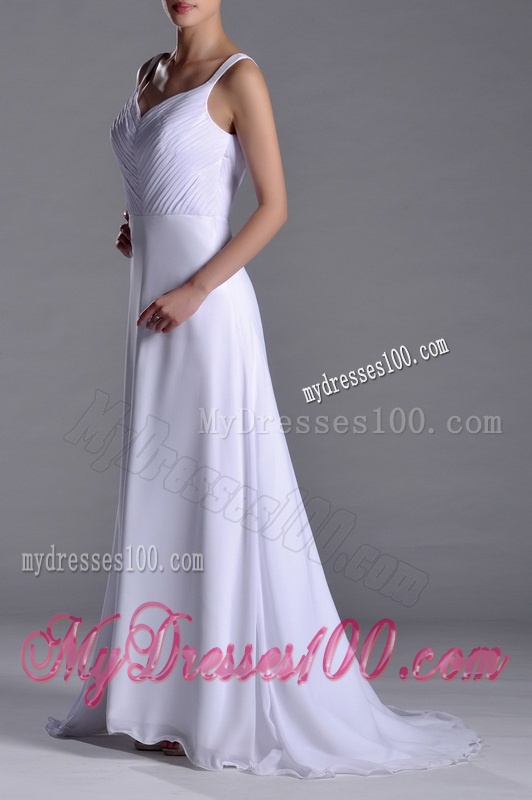 Popular Straps White Chiffon Evening Dress with Brush Train