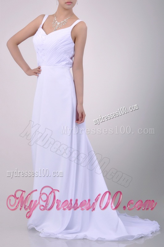 Popular Straps White Chiffon Evening Dress with Brush Train