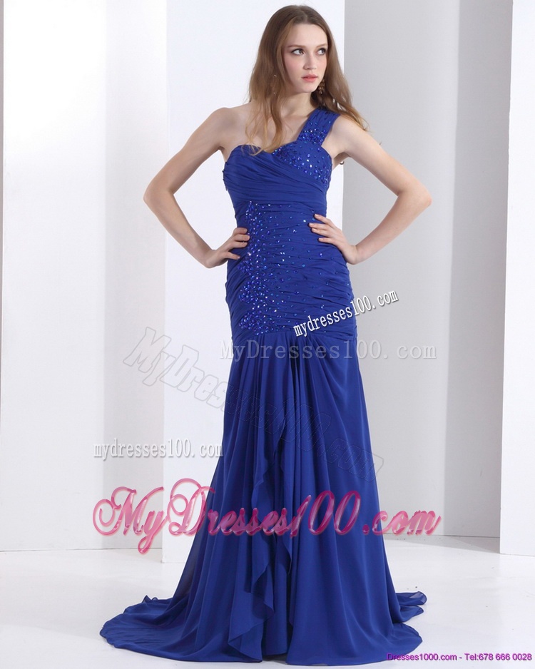 Pretty 2016 One Shoulder Evening Dress with Ruching and Beading
