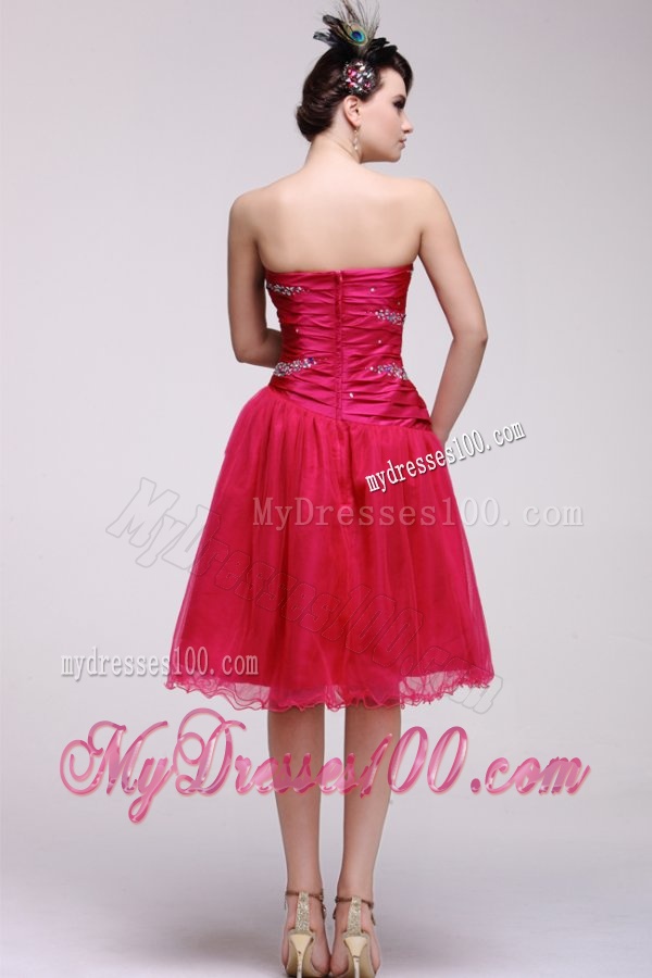 Pretty A-line Strapless Knee-length Beading Taffeta Hot Pink Evening Dress