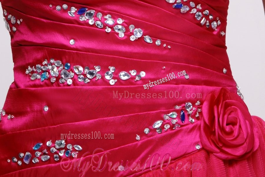 Pretty A-line Strapless Knee-length Beading Taffeta Hot Pink Evening Dress