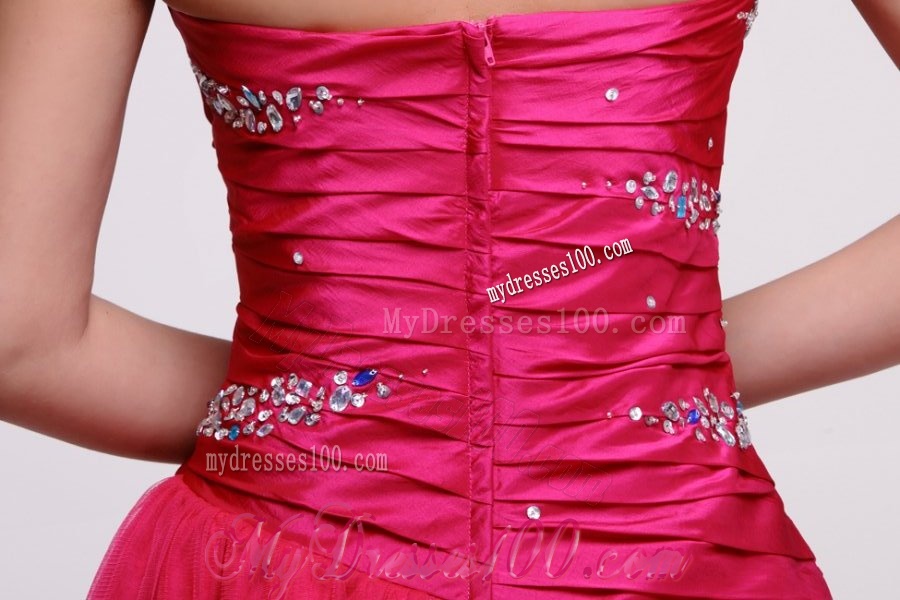 Pretty A-line Strapless Knee-length Beading Taffeta Hot Pink Evening Dress