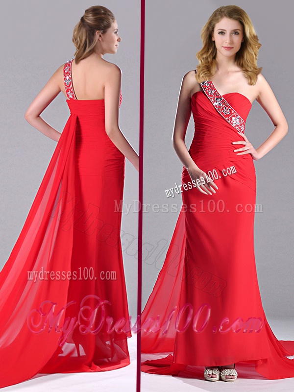Pretty Column One Shoulder Watteau Train Chiffon Coral Red Evening Dress with Beading