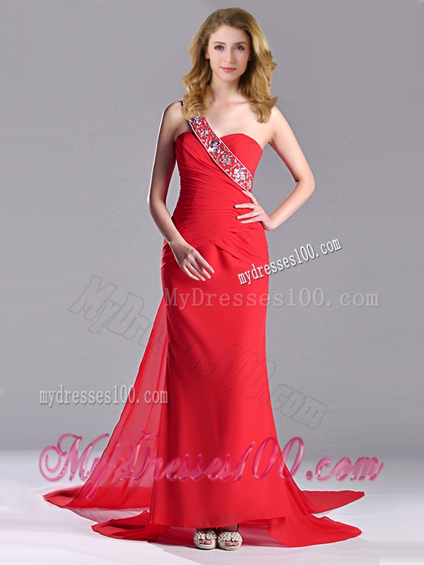 Pretty Column One Shoulder Watteau Train Chiffon Coral Red Evening Dress with Beading