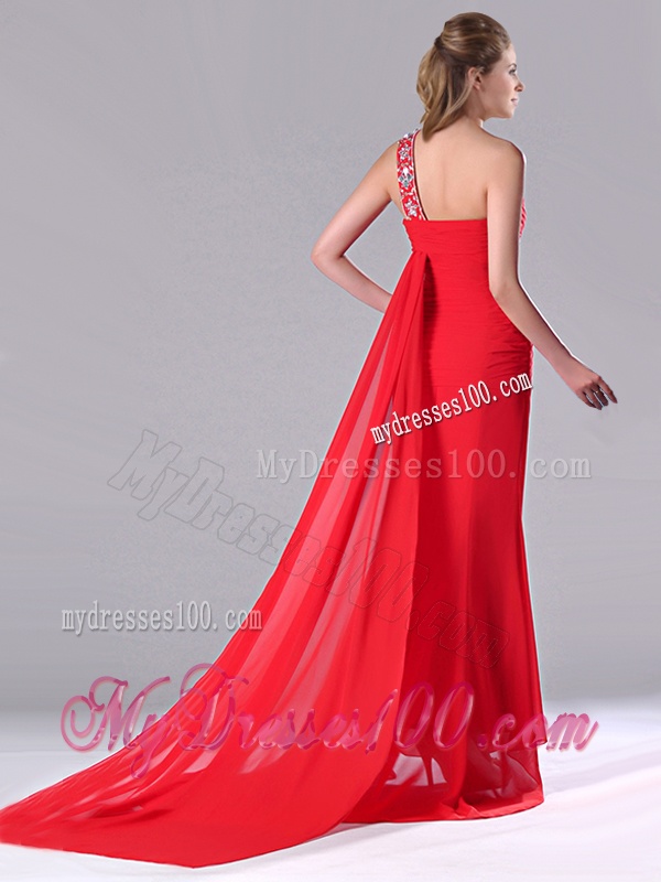 Pretty Column One Shoulder Watteau Train Chiffon Coral Red Evening Dress with Beading