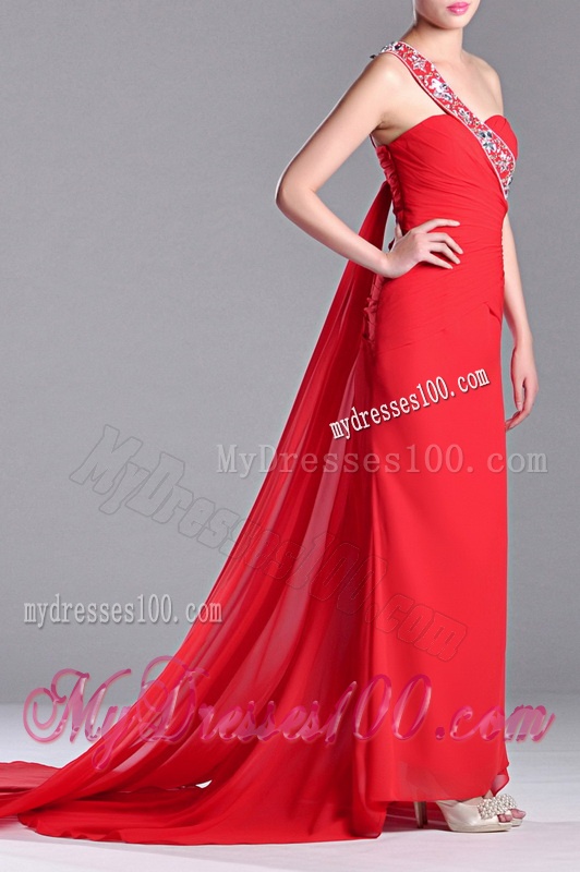 Pretty Column One Shoulder Watteau Train Chiffon Coral Red Evening Dress with Beading