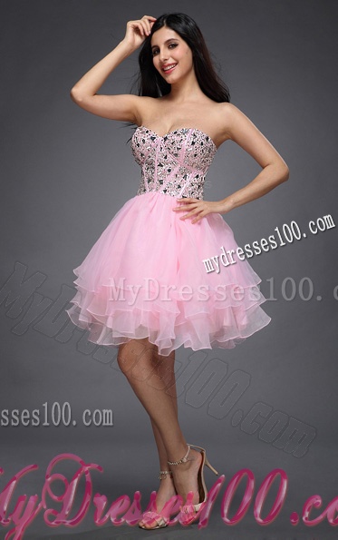 Princess Baby Pink Sweetheart Beading Organza Knee-length Evening Dress
