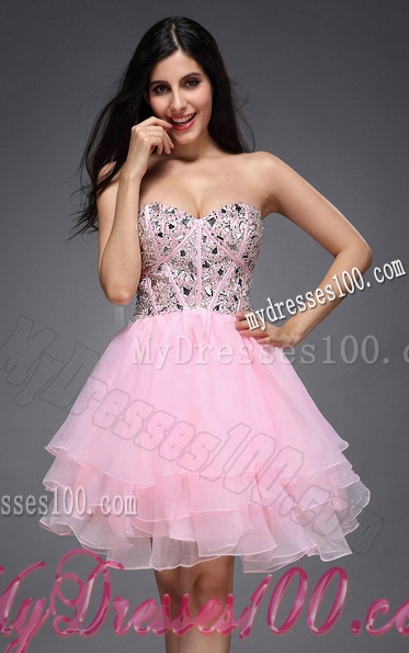 Princess Baby Pink Sweetheart Beading Organza Knee-length Evening Dress