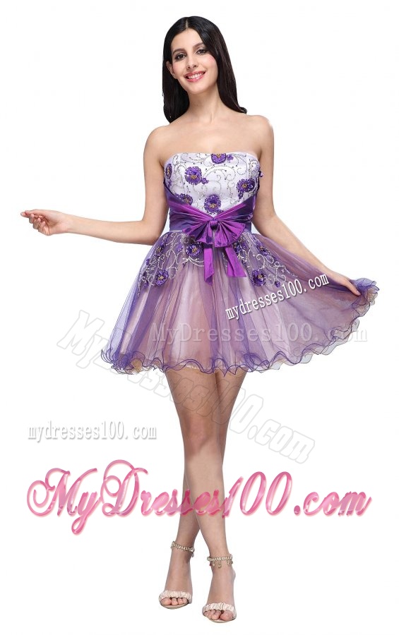 Princess Strapless Appliques Sash Organza Mini-length Evening Dress