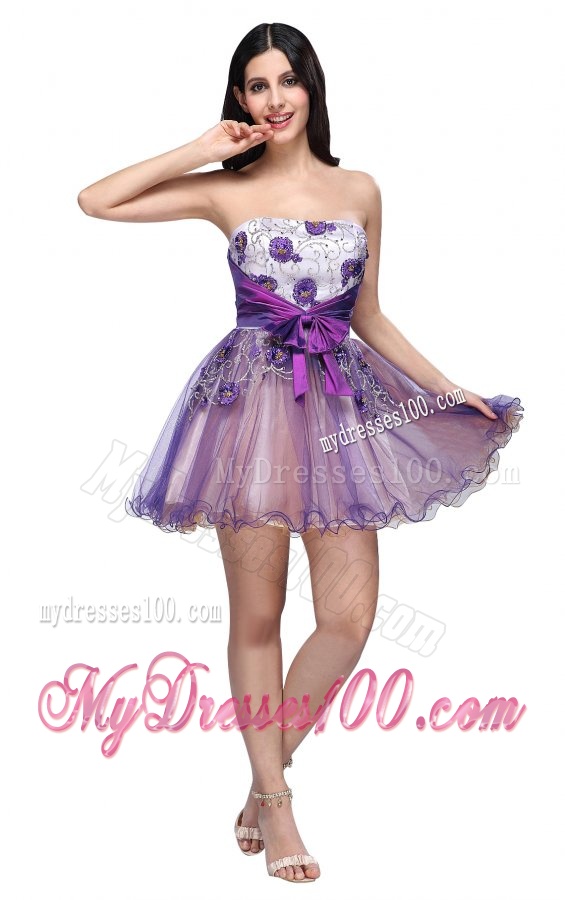 Princess Strapless Appliques Sash Organza Mini-length Evening Dress