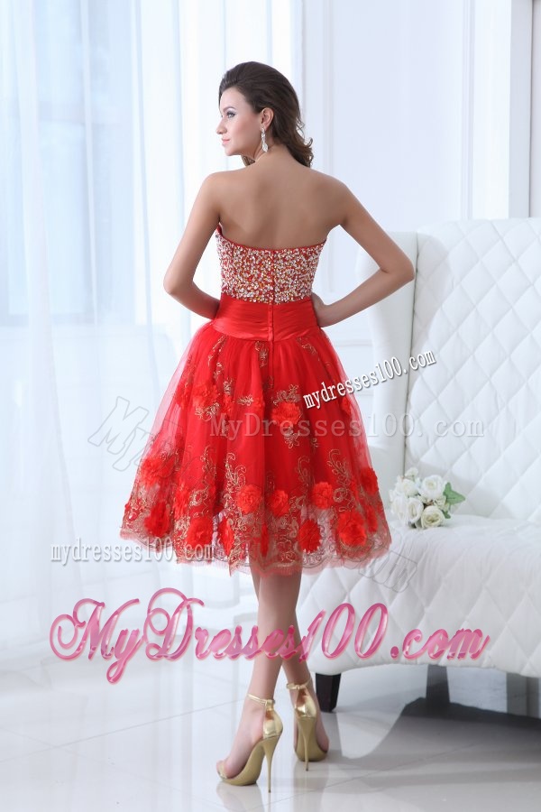 Red A-line Sweetheart Knee-length Tulle Evening Dress with Beading and Hand Made Flowers