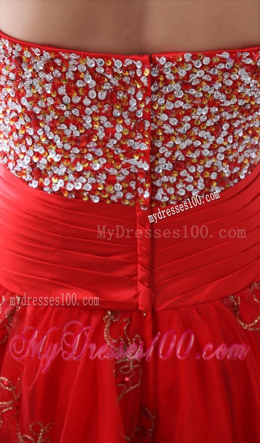 Red A-line Sweetheart Knee-length Tulle Evening Dress with Beading and Hand Made Flowers