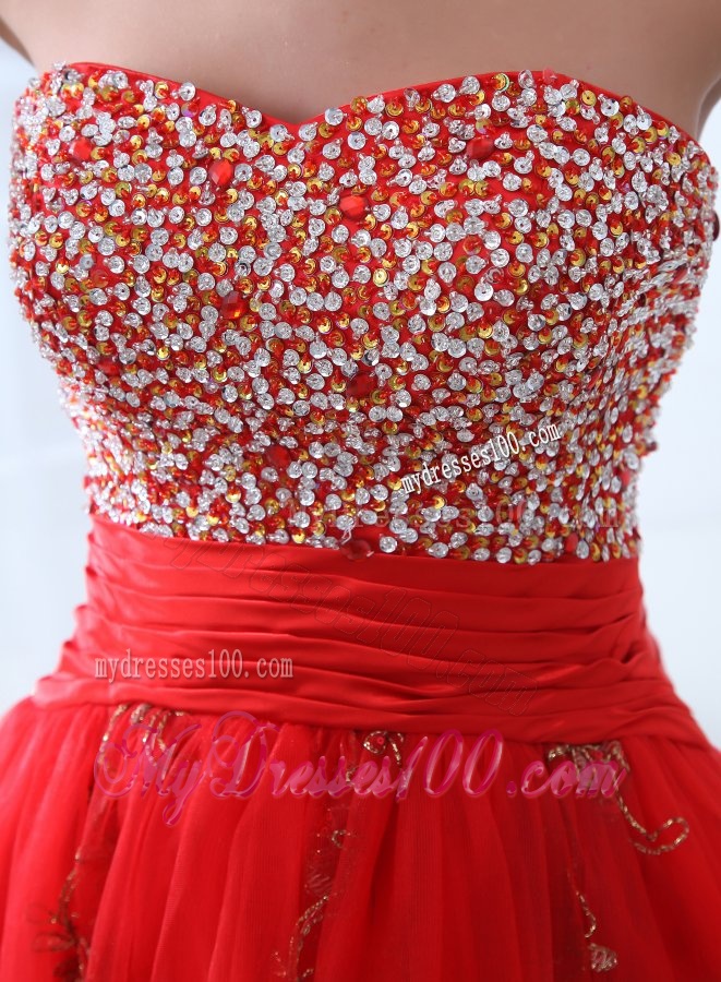 Red A-line Sweetheart Knee-length Tulle Evening Dress with Beading and Hand Made Flowers