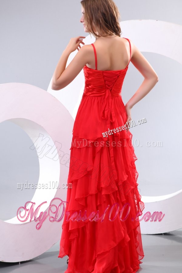 Red Empire Spaghetti Straps Beaded Decorate High-low Evening Dress