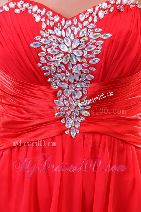 Red Empire Spaghetti Straps Beaded Decorate High-low Evening Dress