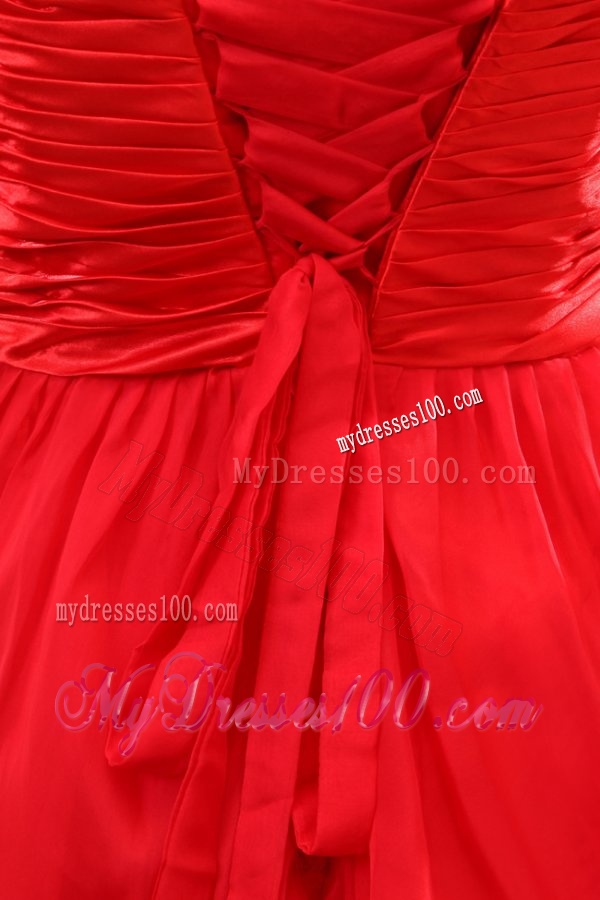 Red Empire Spaghetti Straps Beaded Decorate High-low Evening Dress
