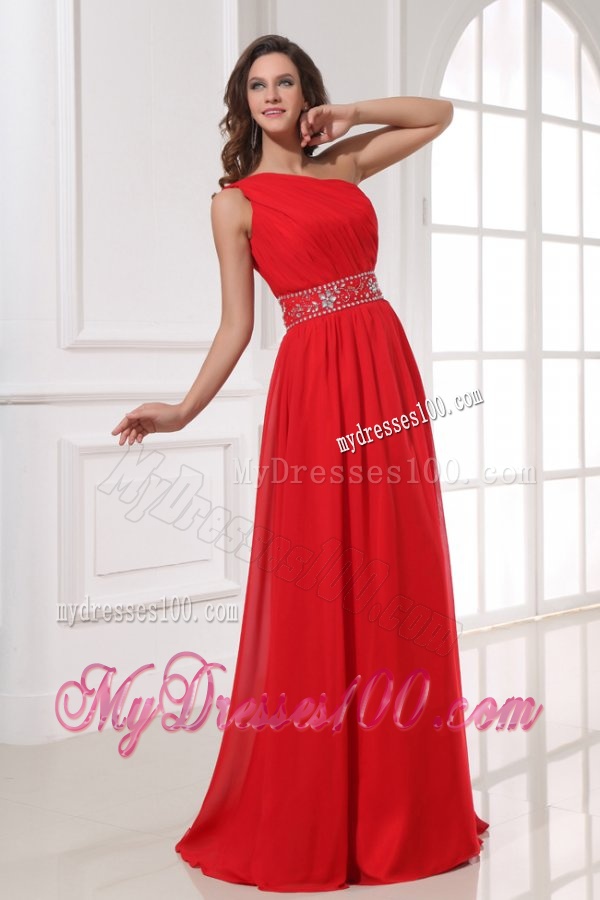 Red One Shoulder Beaded Decorate Waist Floor-length Evening Dress