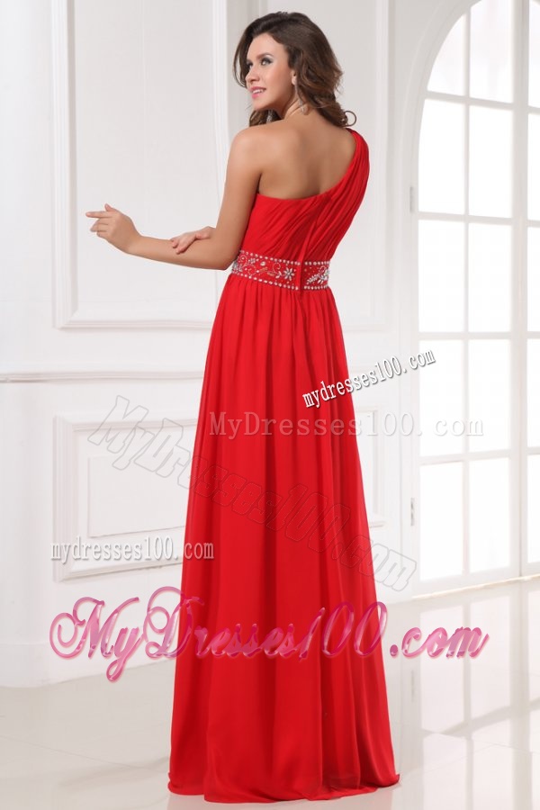 Red One Shoulder Beaded Decorate Waist Floor-length Evening Dress