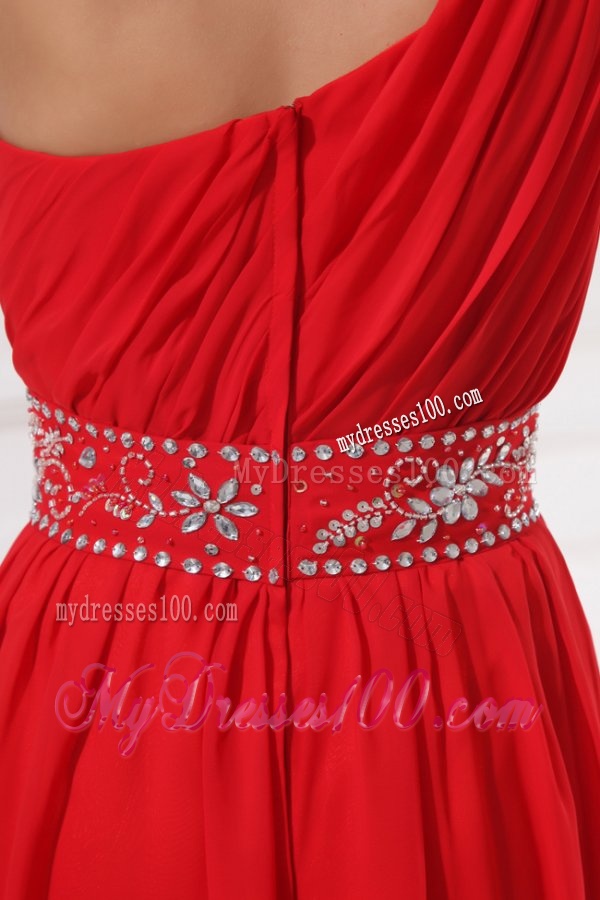 Red One Shoulder Beaded Decorate Waist Floor-length Evening Dress