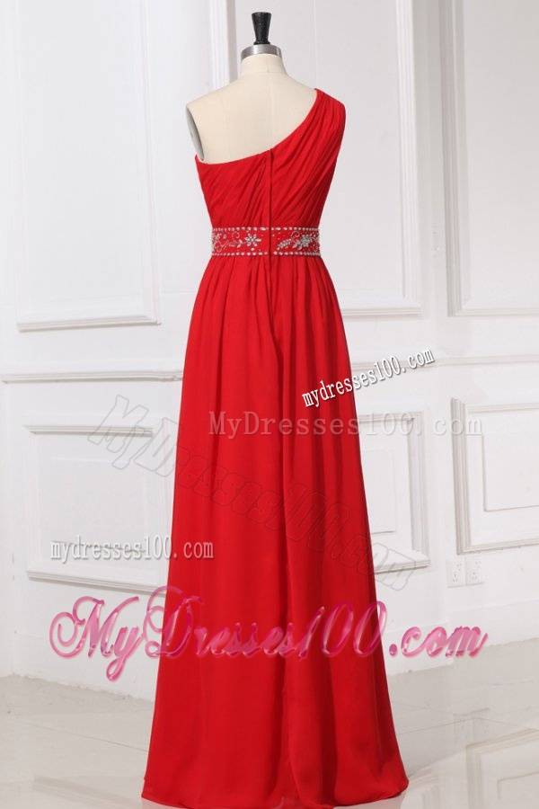 Red One Shoulder Beaded Decorate Waist Floor-length Evening Dress