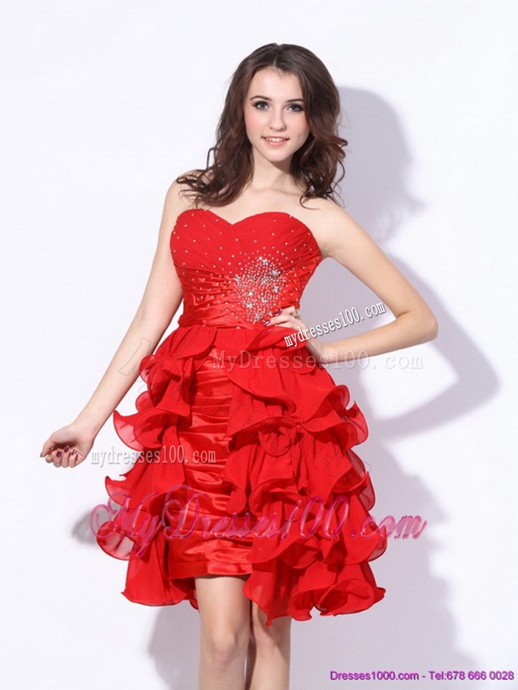 Red Ruching Sweetheart Evening Dresses with Beading and Ruffles