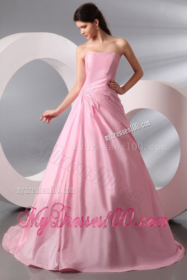 Rose Pink Strapless Ruching Brush Train Taffeta Evening Dress