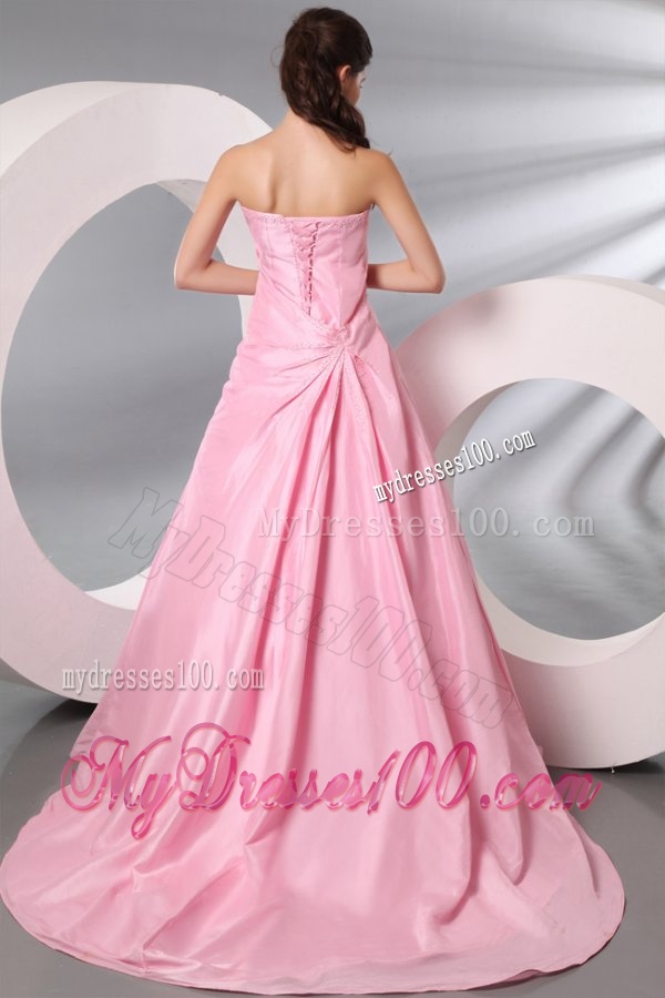 Rose Pink Strapless Ruching Brush Train Taffeta Evening Dress