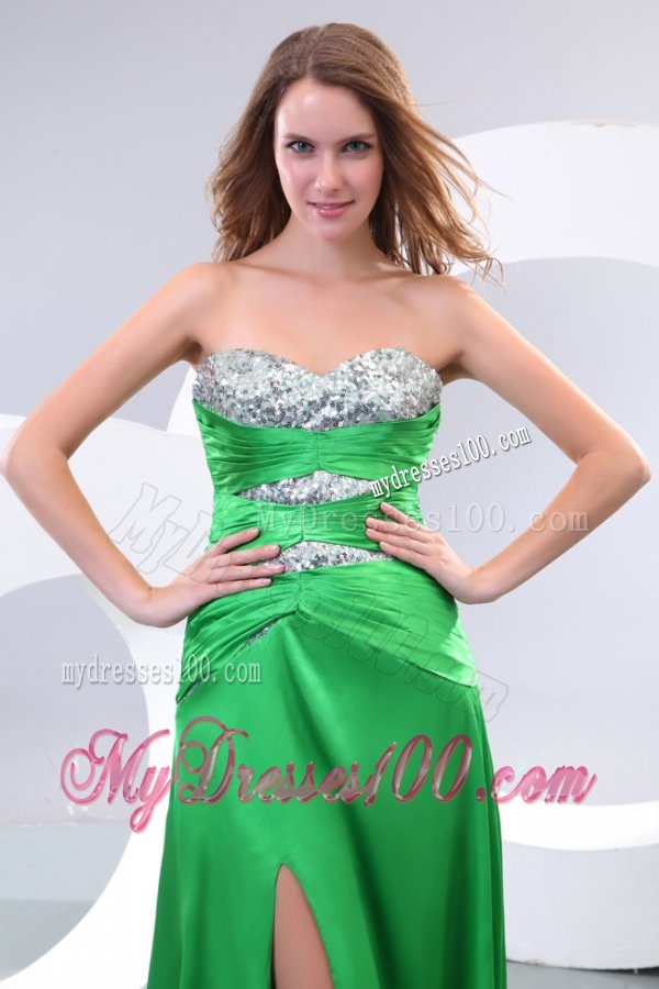 Sexy Spring Green Elastic Woven Satin Brush Train Beading and Paillette Evening Dress with Column