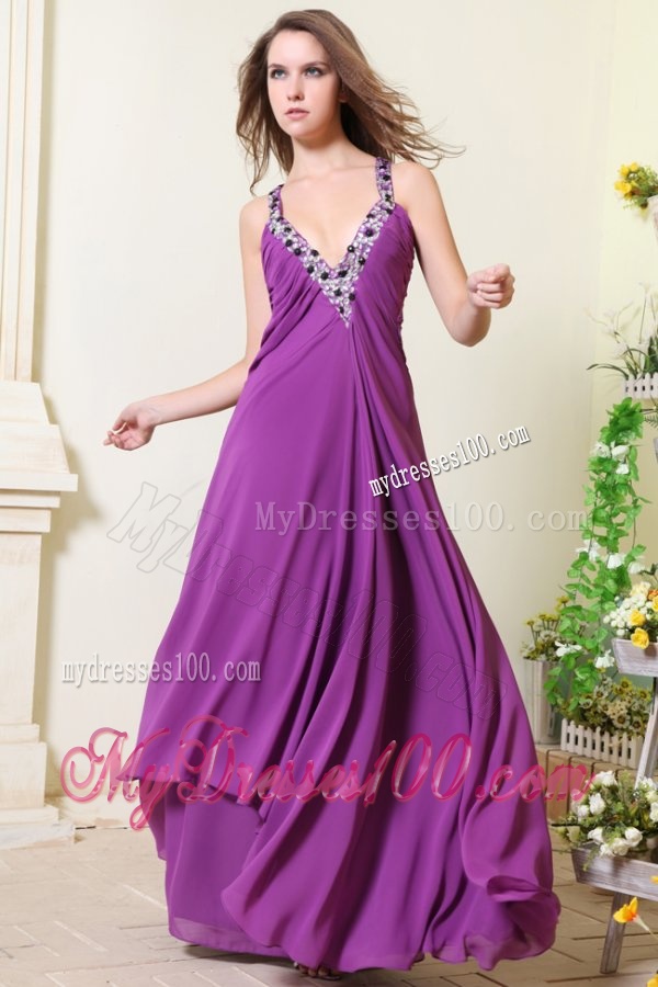 Sexy V-neck Empire Chiffon Beaded Decorate Evening Dress in Purple