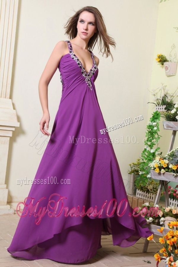 Sexy V-neck Empire Chiffon Beaded Decorate Evening Dress in Purple