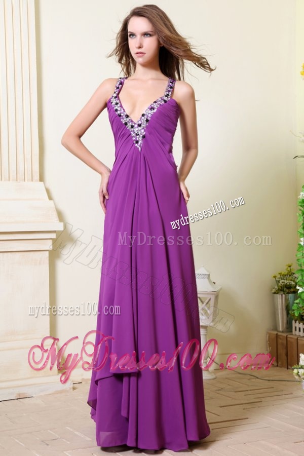 Sexy V-neck Empire Chiffon Beaded Decorate Evening Dress in Purple
