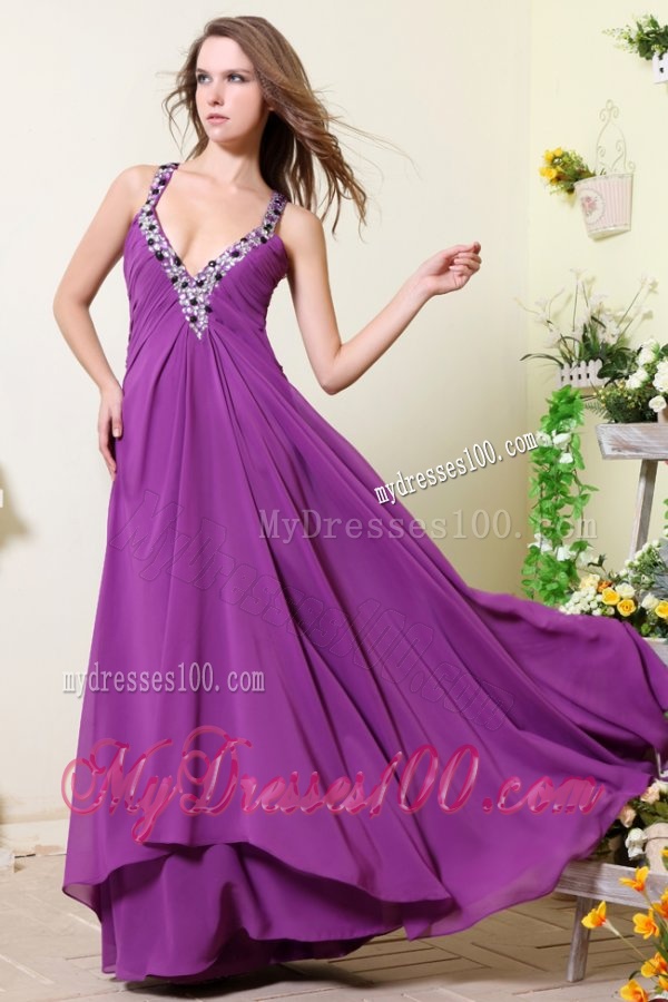 Sexy V-neck Empire Chiffon Beaded Decorate Evening Dress in Purple