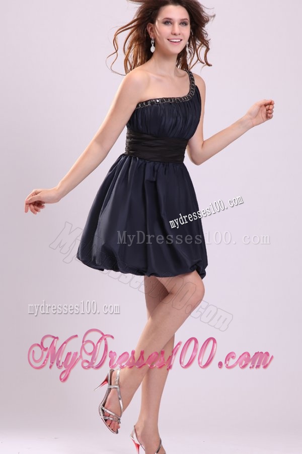 Simple A-line One Shoulder Navy Blue Mini-length Evening Dress with Beading