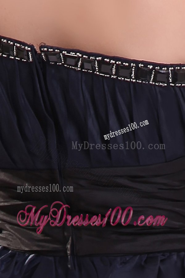 Simple A-line One Shoulder Navy Blue Mini-length Evening Dress with Beading